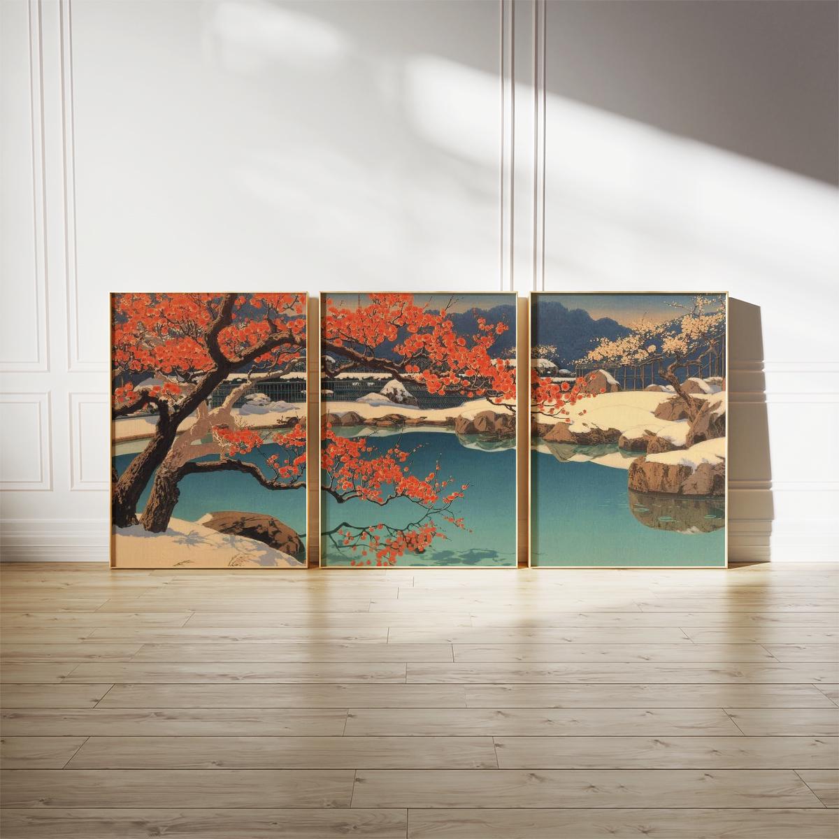 Teal Red Poster Set of 3 | Japanese Landscape Wall Art | Winter