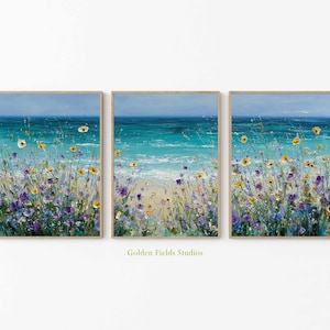 Coastal Beach Wandkunst 3er Set: Seaside Ocean & Wildblumenlandschaft