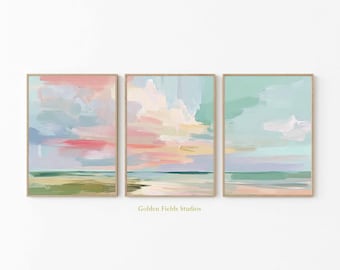 Juego de 3 impresiones de arte mural costero: impresiones abstractas de paisajes marinos en tonos pastel
