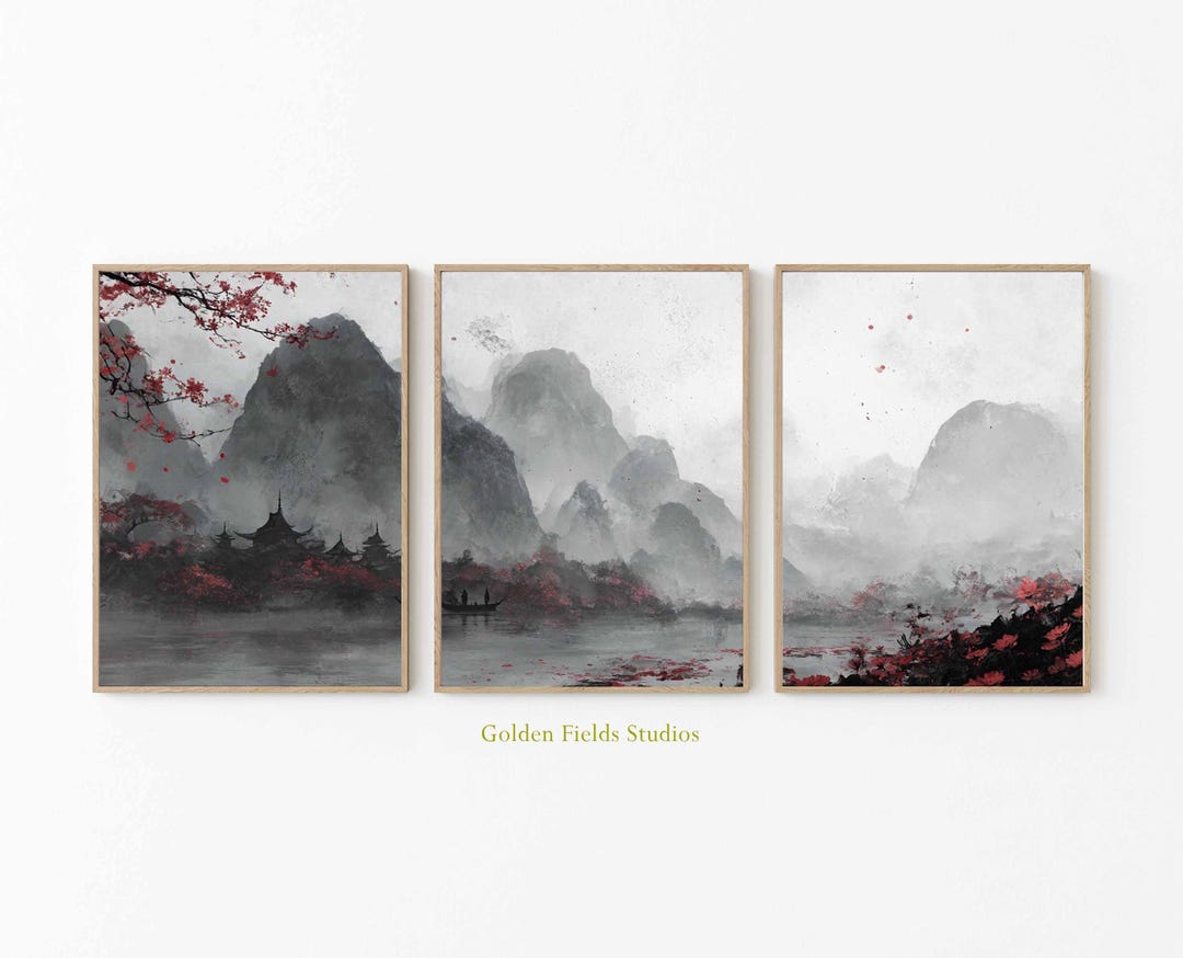 ビッグバンⅠーⅢ/ 抽象画 18×18㎝ S0 テクスチャ インテリア おしゃれ Japanese Ink Landscape Triptych: Zen Mountain Art Print - Etsy