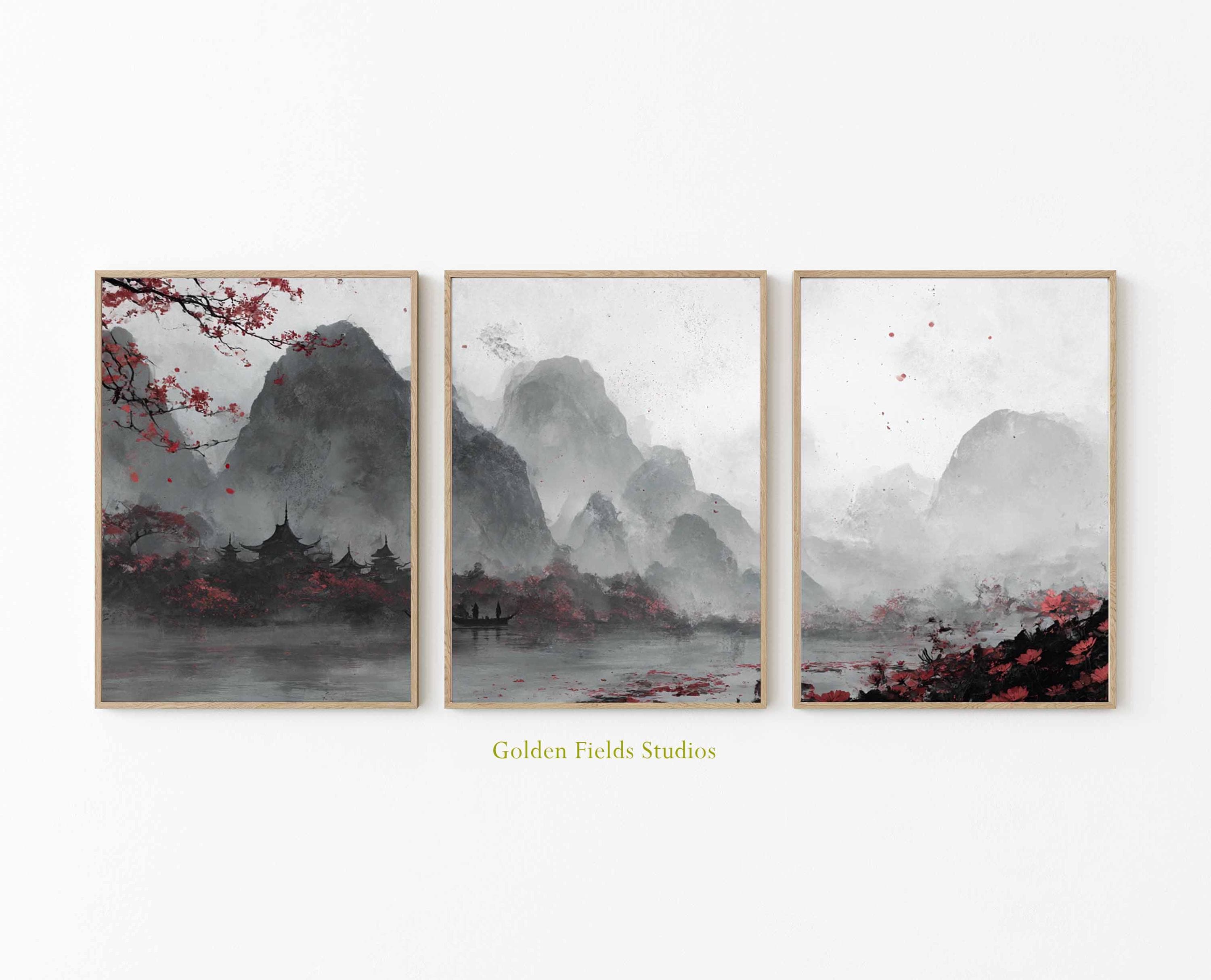 Japanese Ink Landscape Triptych: Zen Mountain Art Print - Etsy