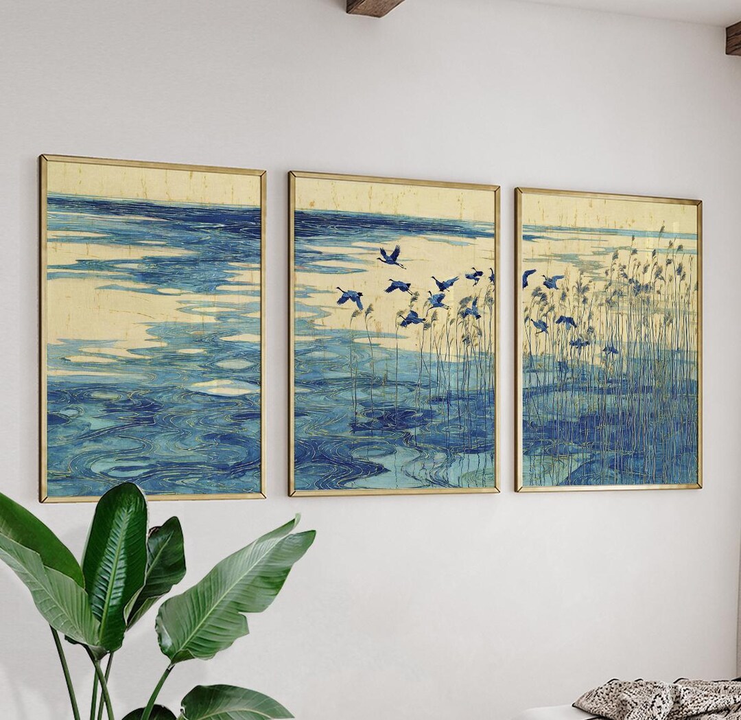 Coastal Bird Wall Art Set | Blue Marsh Landscape Prints Set of 3 ...