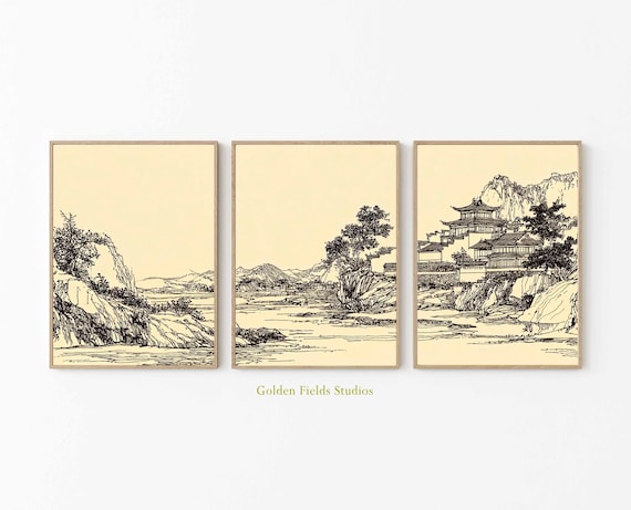 版画 海岸線と山の風景 日本の墨絵風景画ウォールアート3点セット、