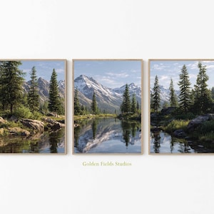 Mountain Lake Poster Set of 3, Alpine Landscape Wall Art, Nature Reflection Print, Forest Lake Photography, Scandinavian Home Decor