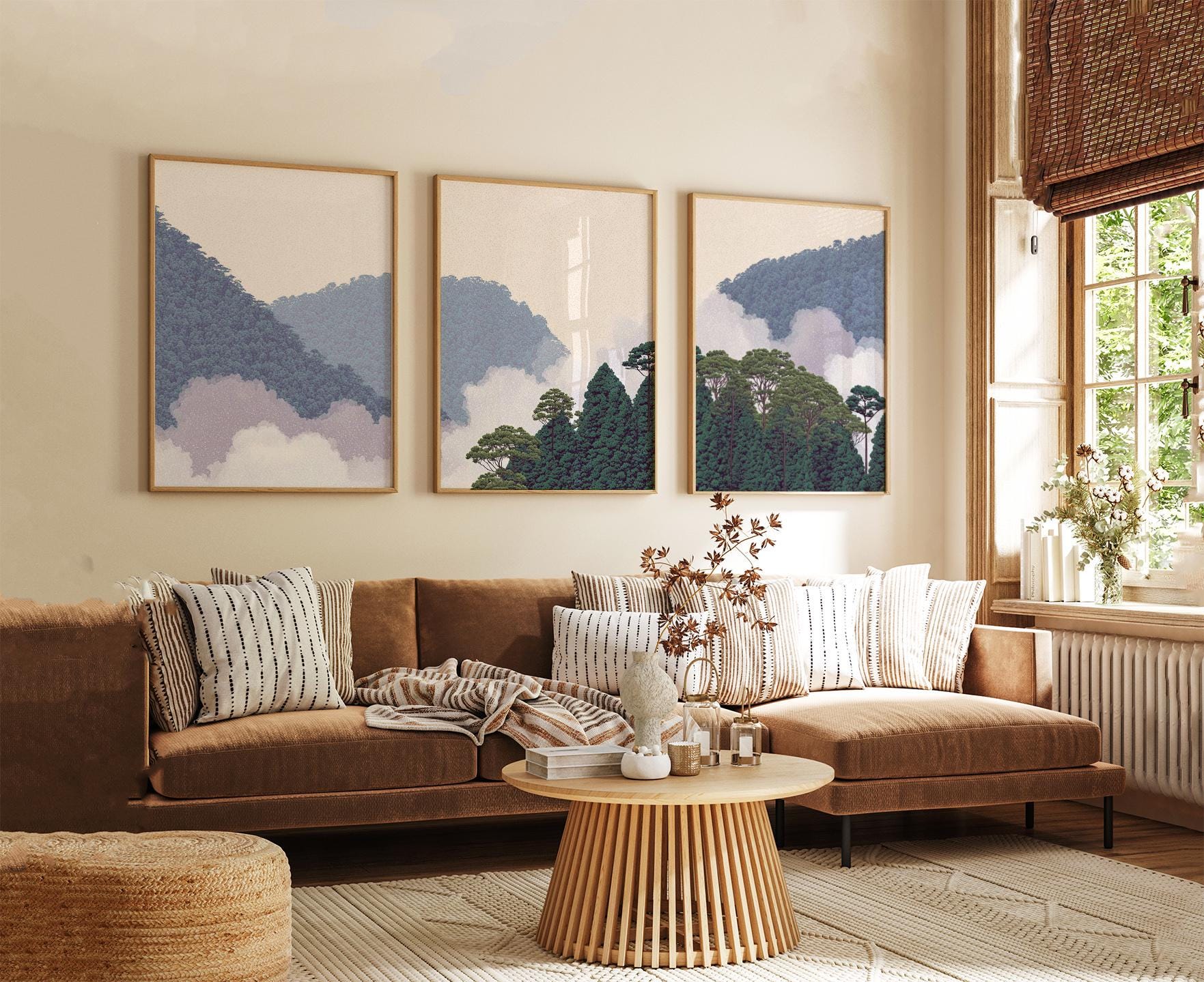 Misty Forest Hills Poster Set of 3 | Minimalist Nature Wall Art