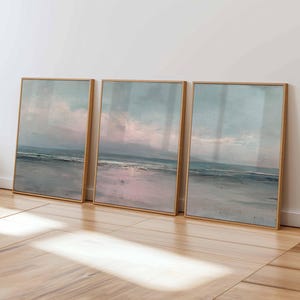 Pastel Beach Poster Set of 3 – Soft Coastal Sunset Wall Art, Pink Seascape Print, Calm Ocean Decor for Bedroom or Living Room