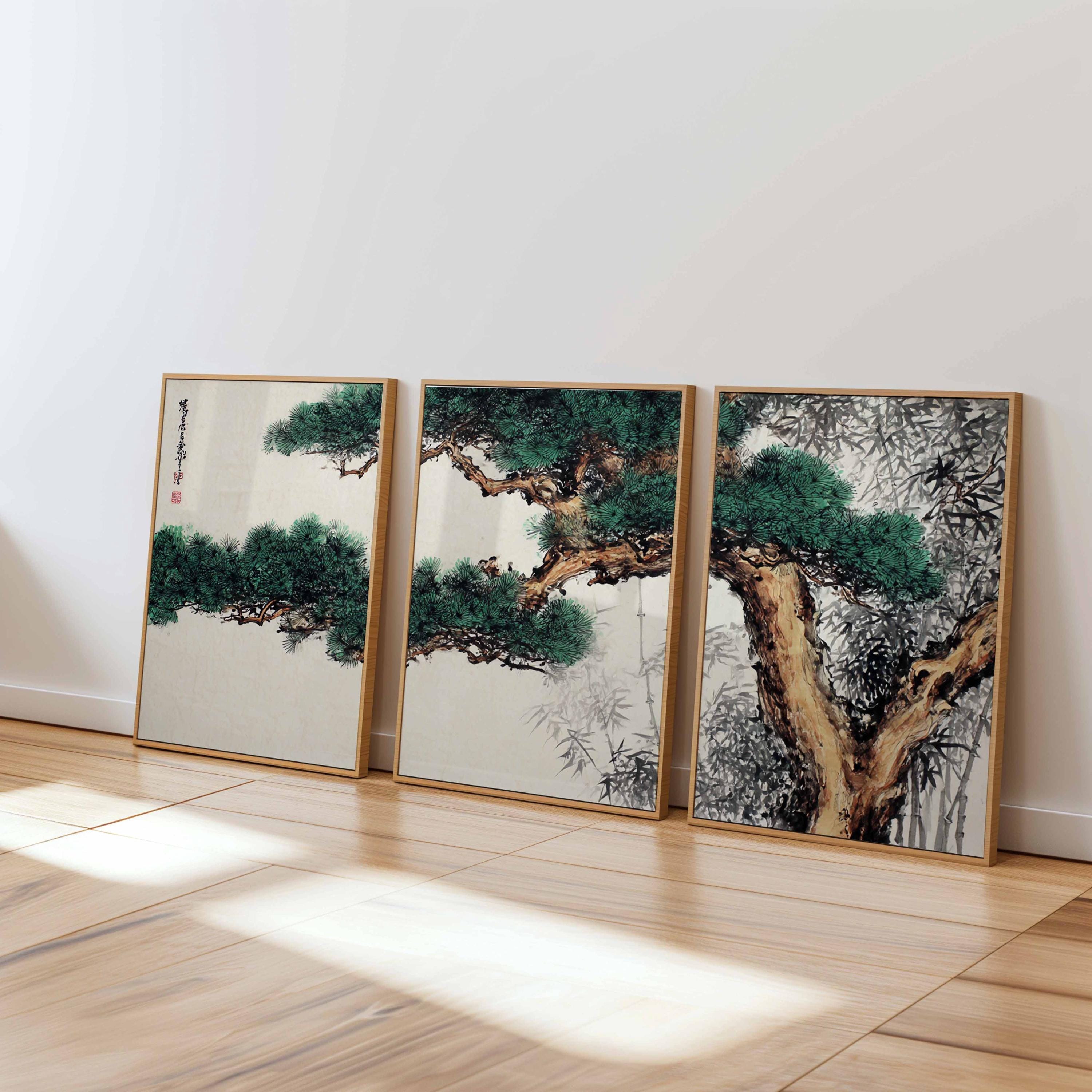 Chinese Pine Tree Triptych: Ink Brush Style Asian Wall Art - Etsy