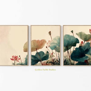 Lotus Flower Wall Art Set of 3, Botanical Watercolor Lotus Prints, Green Leaves and Pink Bloom Asian Style Decor