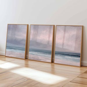 Pastel Beach Poster Set of 3 – Soft Coastal Sunset Wall Art, Pink Seascape Print, Calm Ocean Decor for Bedroom or Living Room