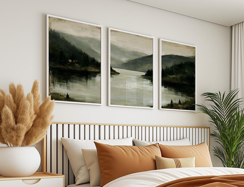 Misty Mountain Lake Set, Sage Green Forest Wall Art Posters - Etsy UK