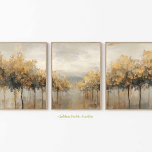 Golden Tree Print Set: Neutral Autumn Triptych, Minimalist Gold Leaf Forest