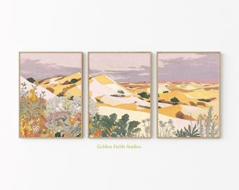 California Desert Dunes Poster Set Of 3 | Vintage Landscape Wall Art Prints | Warm Yellow Sage Botanical Triptych | Sunset Nature Decor