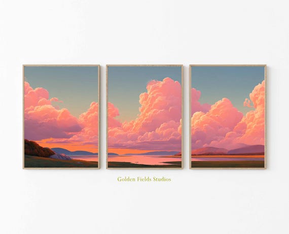 夕焼け雲三連画：ピンク色の空の風景アートプリントセット - Etsy 日本