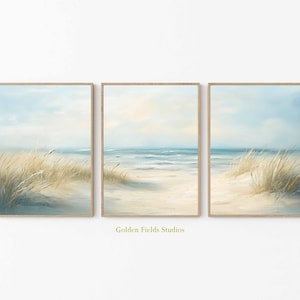 Peut inclure: Un ensemble de trois impressions encadrées représentant une scène de plage avec de l'eau bleue, du sable blanc et de l'herbe brune. Les impressions sont disposées en rangée horizontale.