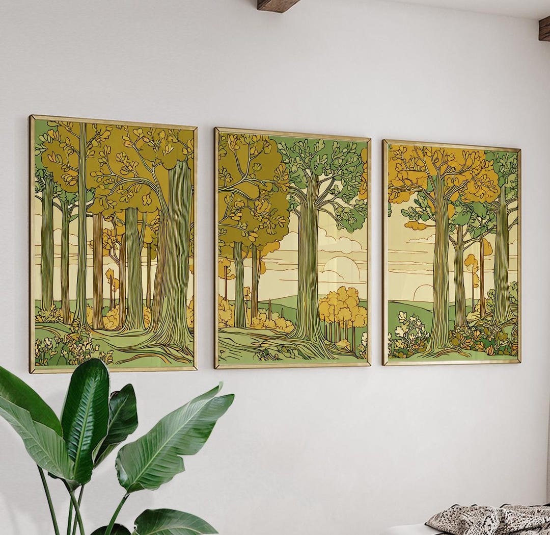 Vintage Forest Tree Posters | Green Yellow Nature Landscape Wall Art ...