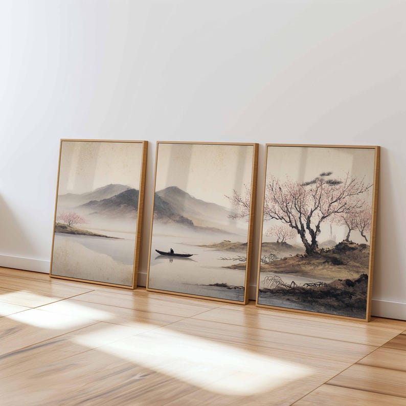 Japanese Cherry Blossom Wall Art Set: Zen Asian Landscape Triptych - Etsy