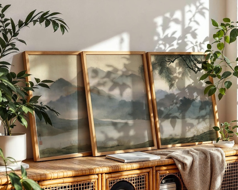 Asian Mountain Landscape Print Set | Misty River Wall Art | Three Piece ...