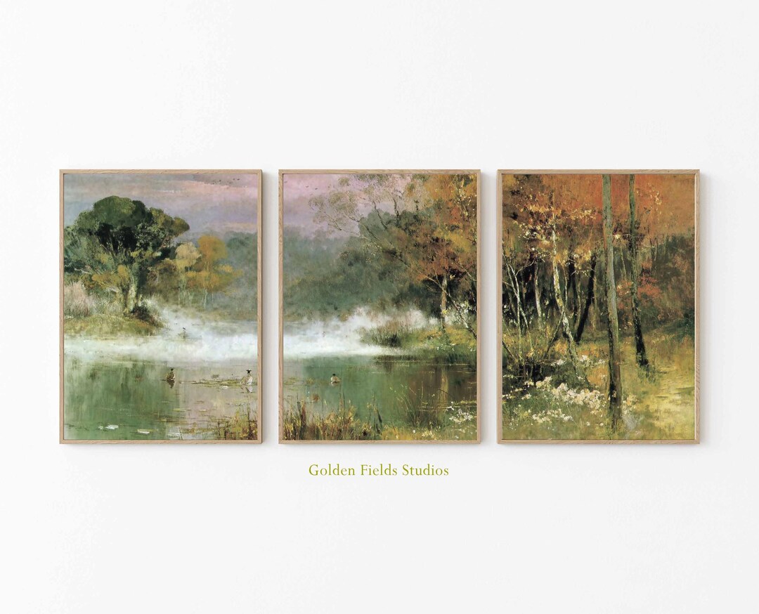 Misty Forest Lake Art Print Set: Rustic Nature Landscape Trio - Etsy