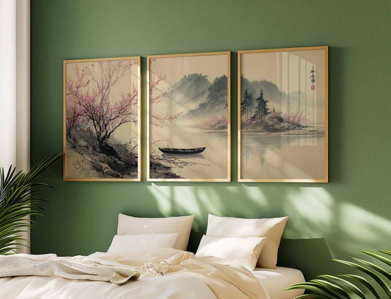 Japanese Cherry Blossom Wall Art Set: Zen Asian Landscape Triptych