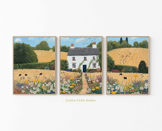 Whimsical Cottage Poster Set of 3: Country Farmhouse Landscape Art