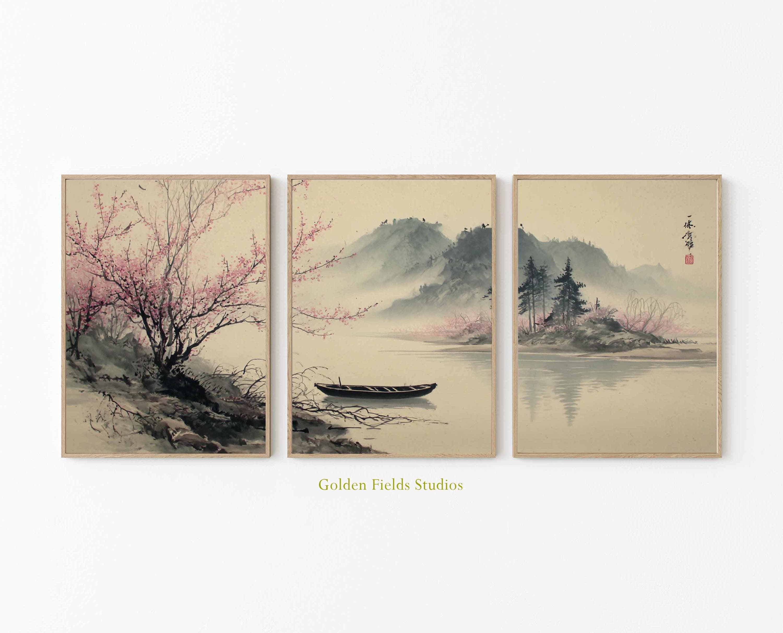Japanese Cherry Blossom Wall Art Set: Zen Asian Landscape Triptych