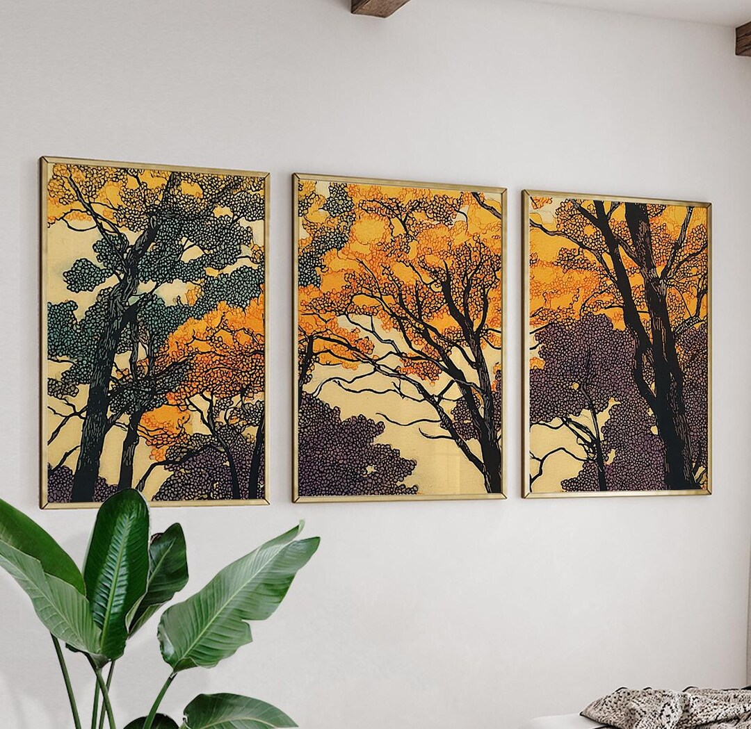 Orange Green Tree Wall Art Posters Set of 3 | Abstract Forest Nature ...