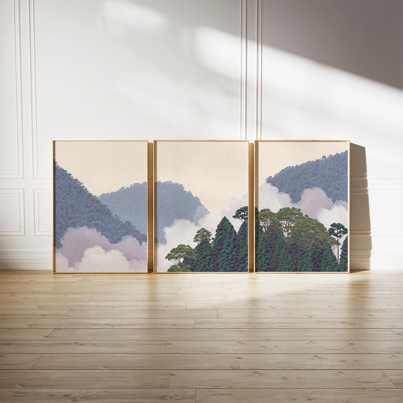 Misty Forest Hills Poster Set of 3 | Minimalist Nature Wall Art
