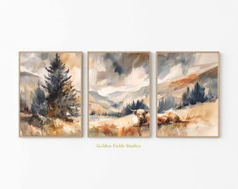 Highland Cow Watercolor Print Set: Scottish Farmhouse Wall Art
