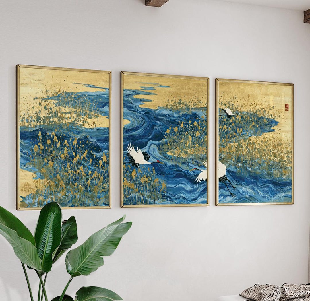 Japanese Crane Wall Art Set | Gold Coastal Landscape Prints | Blue ...
