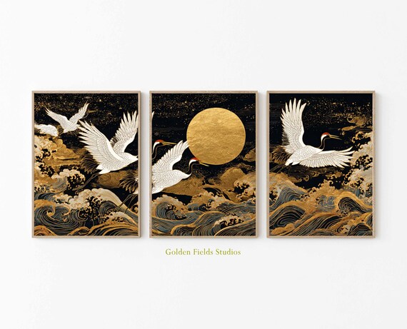 Japanese Crane Print Set of 3: Gold Moon & Ocean Waves Oriental