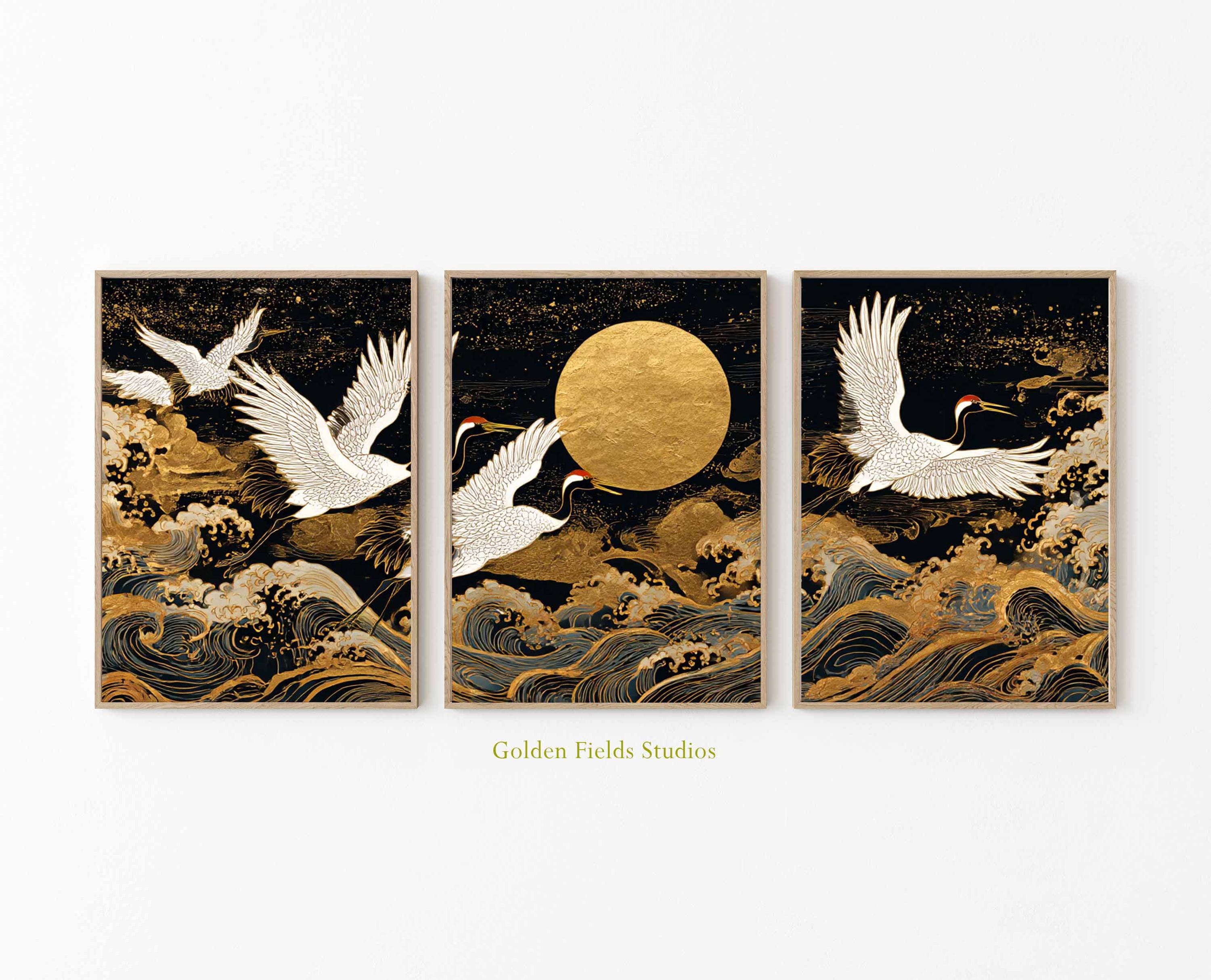 絵画+タペストリー Golden Dream Japanese Crane Print Set of 3: Gold Moon & Ocean Waves Oriental