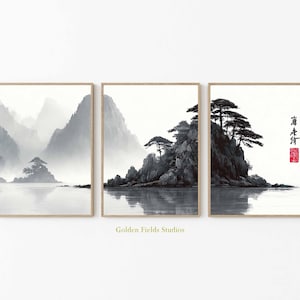 Arte murale di montagna asiatica, poster di paesaggio cinese con inchiostro, trittico in bianco e nero, decorazione murale di pini nebbiosi, set di stampe orientali tradizionali