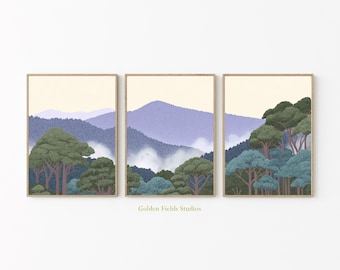 Misty Mountain Forest Poster Set Of 3 | Minimalist Nature Wall Art Prints | Soft Green Woodland Landscape | Calm Scenic Artwork