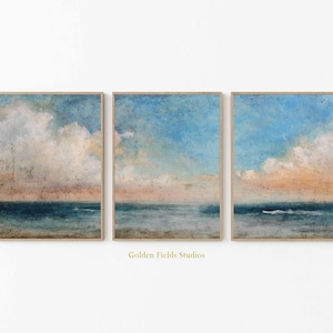 Ocean Seascape Wall Art, Set of 3 Prints, Coastal Beach Poster, Vintage Style Art, Blue Sea Wall Decor, Unframed Nautical Prints