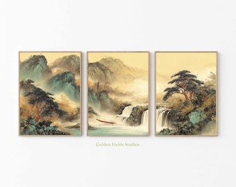 Japanese Waterfall Landscape Poster Set: Zen Asian Wall Art
