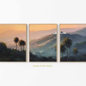 Los Angeles Sunset Poster Set of 3, Griffith Observatory Triptych Print, Palm Tree Landscape Wall Art, California Scenic Decor