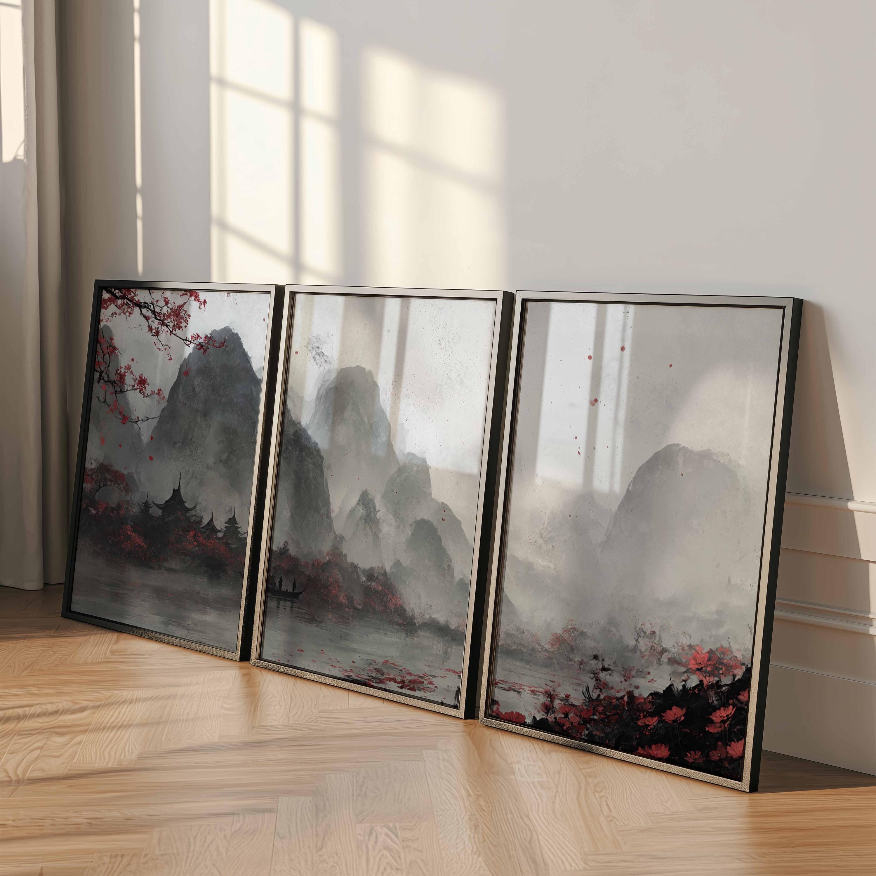 Japanese Ink Landscape Triptych: Zen Mountain Art Print - Etsy