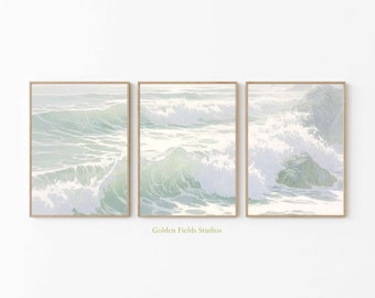 Ocean Wave Set of 3 Prints | Coastal Seascape Wall Art | Minimal Beach Poster Set | Blue Green Sea Home Decor for Living Room
