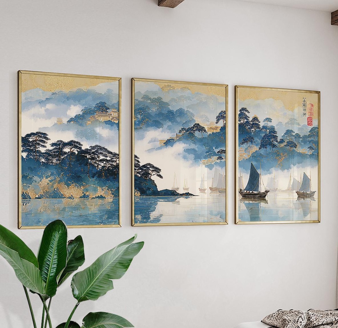 海の画廊「華　音」 Set of 3 Posters | Asian Sailboat Landscape Wall Art | Blue Gold