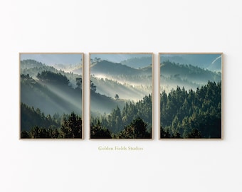 Op de afbeelding: Een drieluik van ingelijste landschapskunst met een mistige bergscène. Het kunstwerk toont een bos van groene bomen en heuvels, met zonlicht dat door de mist breekt. De lijsten zijn lichtbruin en de tekst "Golden Fields Studios" is zichtbaar.