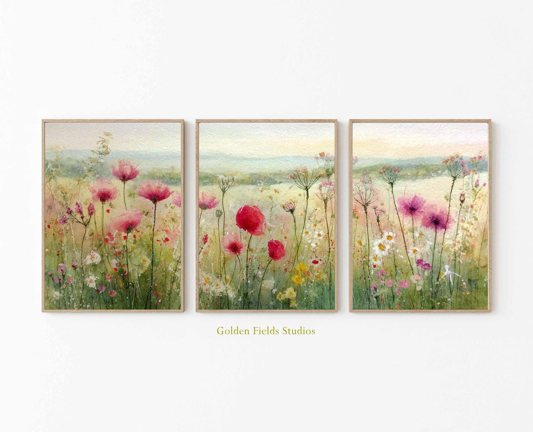 Wildflower Meadow Prints Set: Pastel Pink Poppy Field Art - Etsy