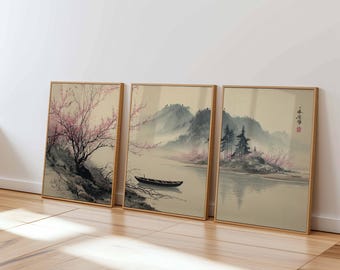 Japanese Cherry Blossom Wall Art Set: Zen Asian Landscape Triptych