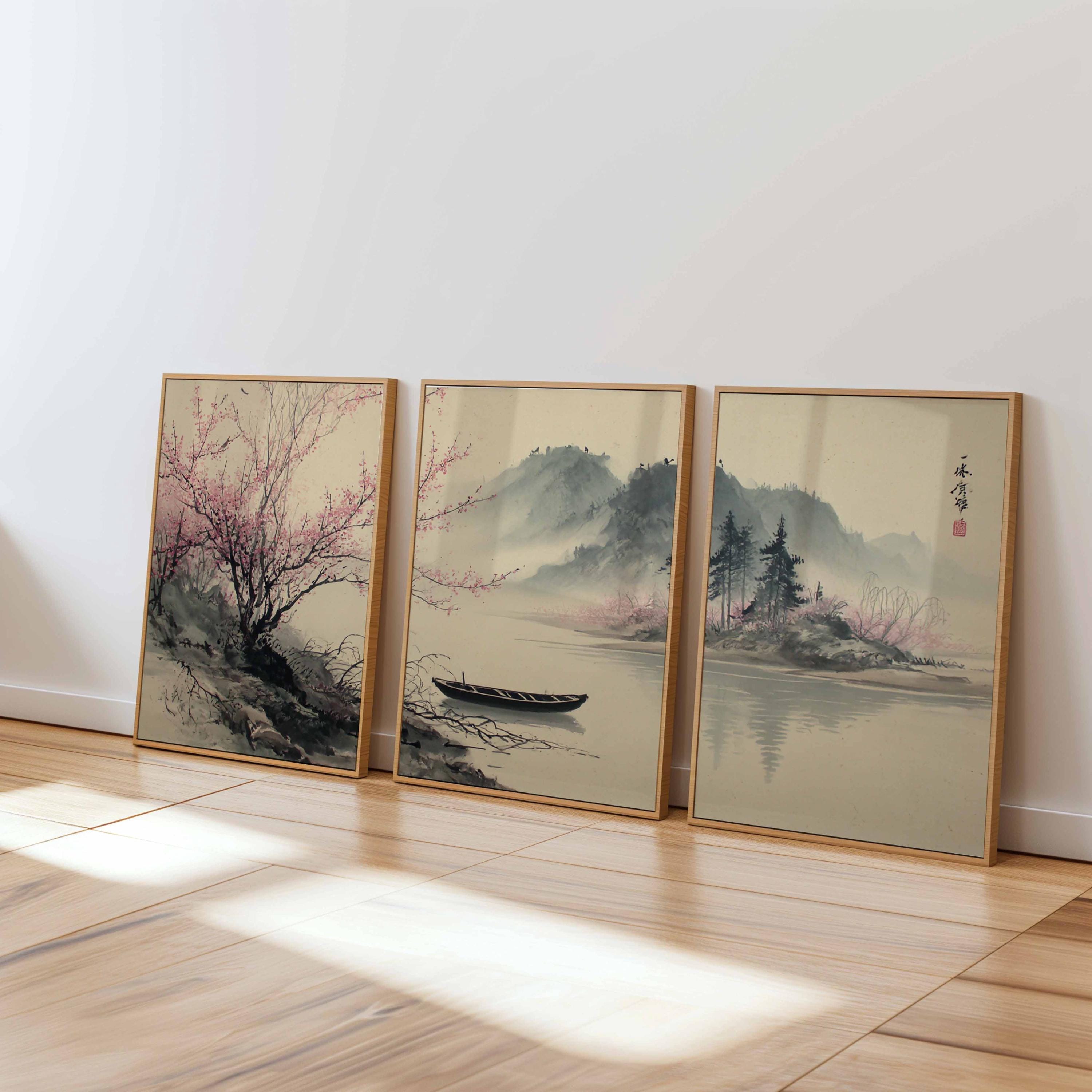 Japanese Cherry Blossom Wall Art Set: Zen Asian Landscape Triptych