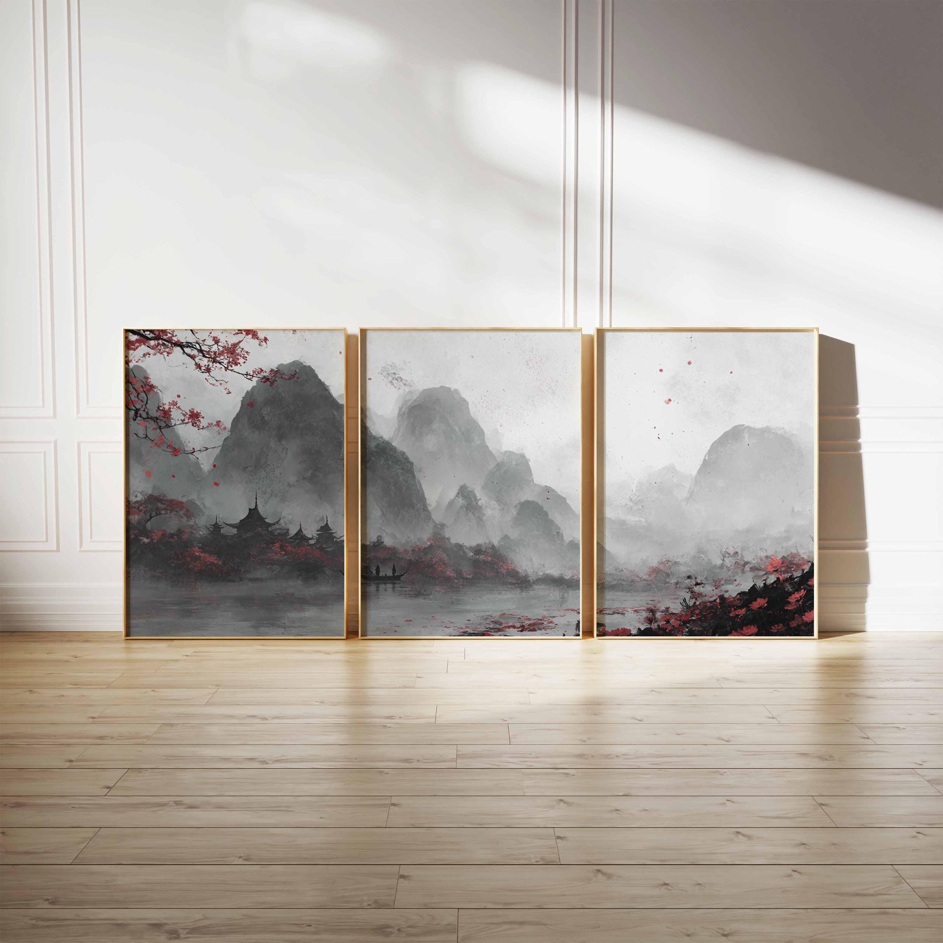 Japanese Ink Landscape Triptych: Zen Mountain Art Print - Etsy