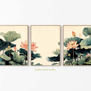 Lotus Flower Wall Art Set of 3, Botanical Watercolor Lotus Prints, Green Leaves and Pink Bloom Asian Style Decor