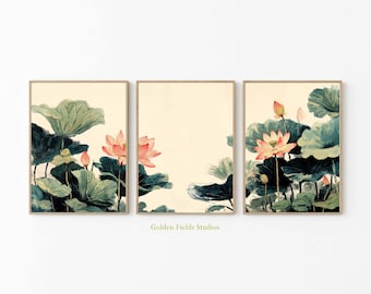 水彩画の蓮の花プリントセット：アジアの植物の壁アート