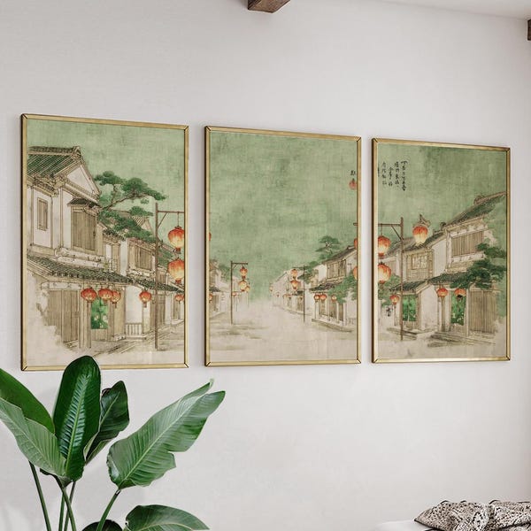 Green Lantern Street Poster Art |Vintage Chinese Lantern Art | Tranquil Home Wall Art for Living Room