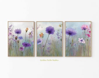 Conjunto de impressão em aquarela de flores silvestres roxas: arte de parede botânica suave