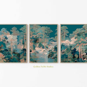 Waterfall Forest Wall Art, Japanese Jungle Triptych, Lush Landscape Poster Set, Deep Green Nature Print, Serene Tree Decor, Calm Home Art