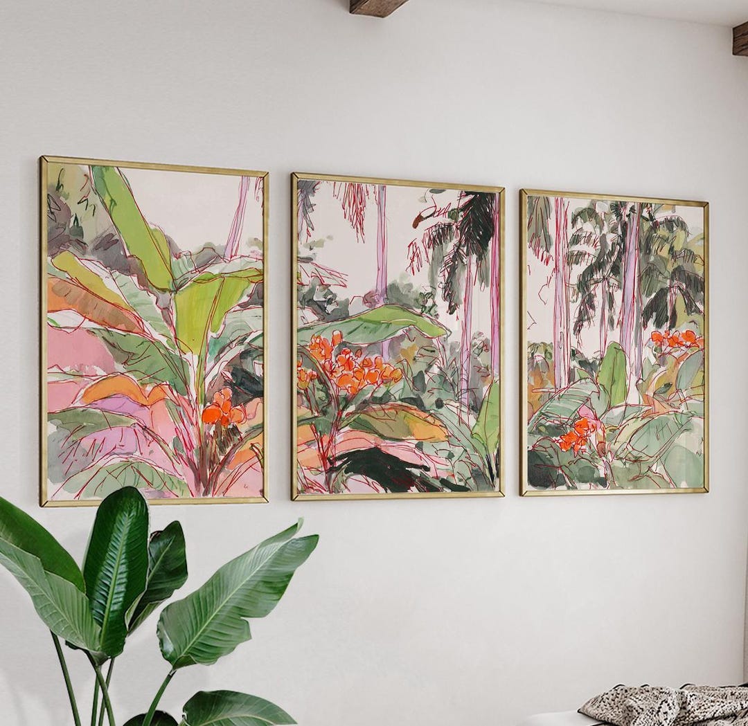 Set of 3 Posters | Tropical Botanical Wall Art | Colorful Banana Leaf ...